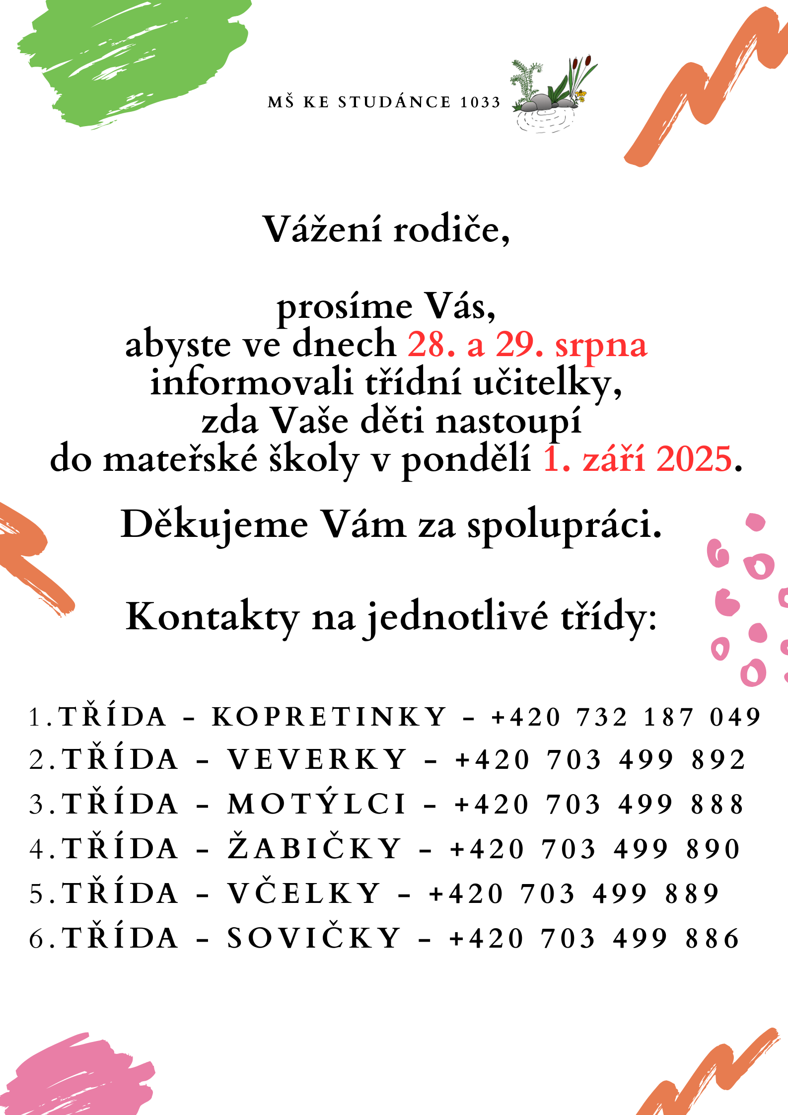 Vážení rodiče prosím nezapomeňte ve dnech 30. a 31. 8. informovat své třídní učitelky zda děti 1.9. 2022 nastoupí do mateřské školy. Děkujeme